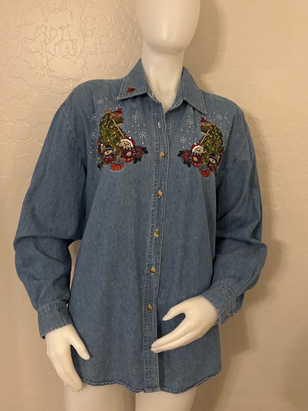 Vintage Faded Glory Denim Shirt Embroidered Christmas Tree and Bears 18W/20W